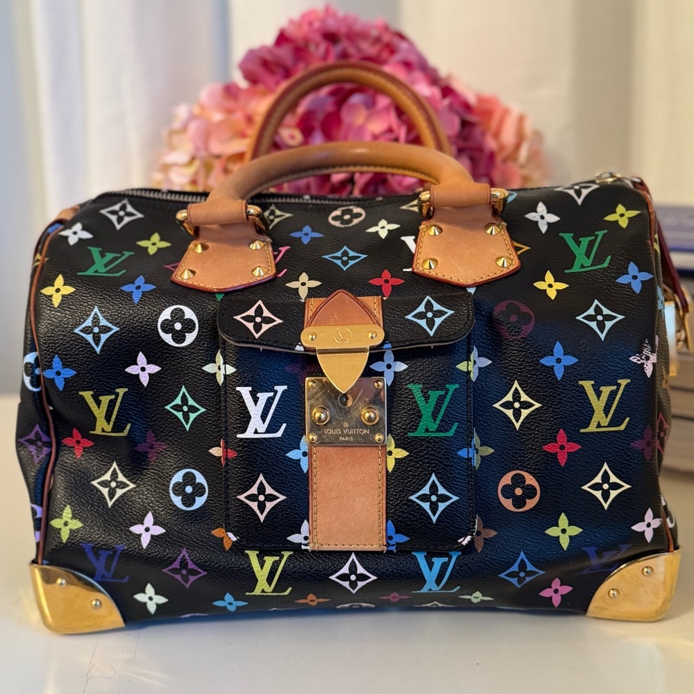 Authentic Louis Vuitton Speedy 30 Monogram Multicolor Sac Bag Black Tote Handbag